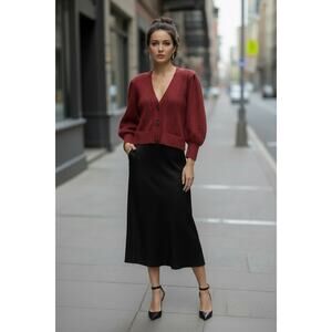 NWT Women’s XL Burgundy Cable Knit Cardigan Jeweled Buttons Puff Sleeves Luxury